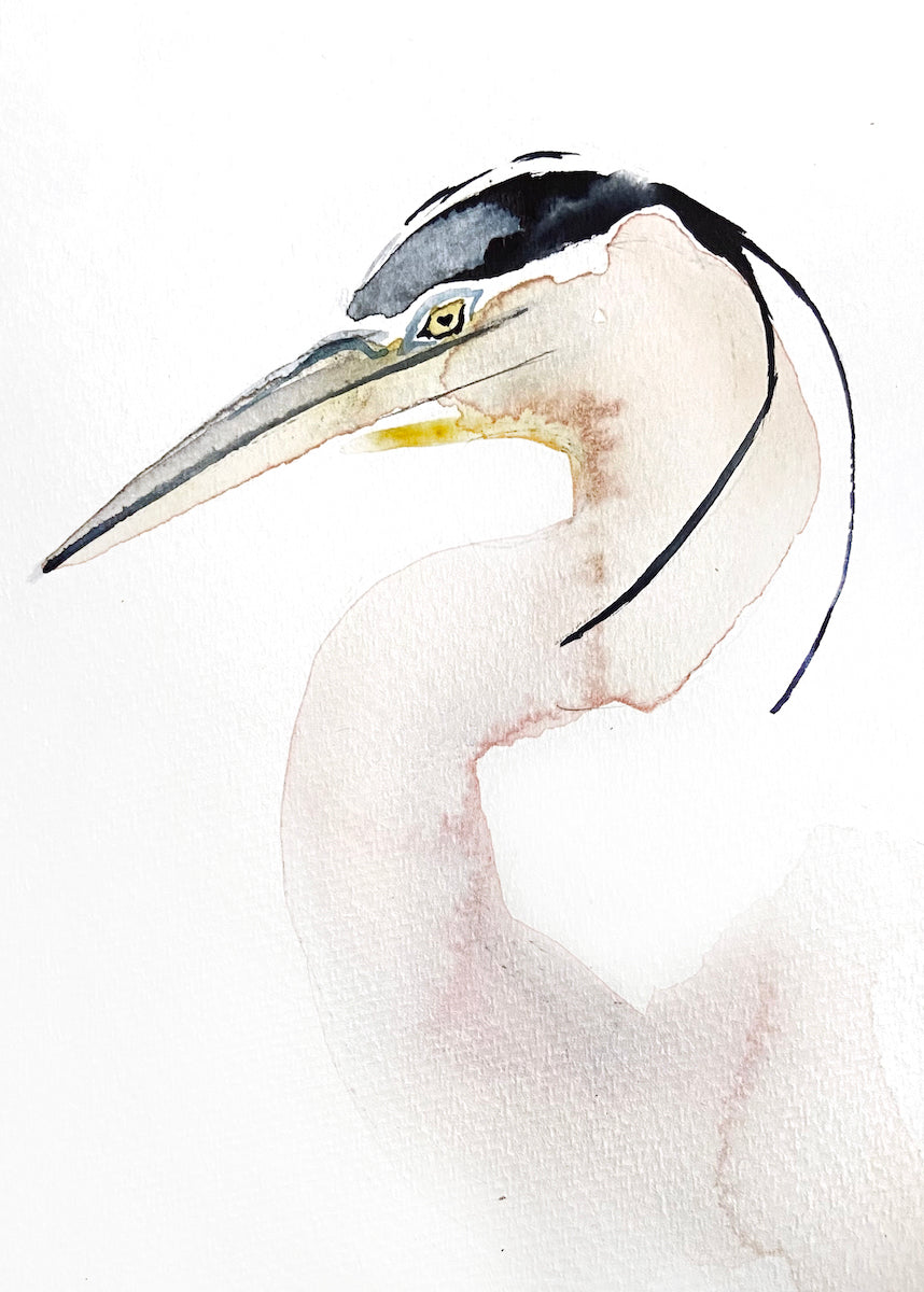 5” x 7” original watercolor wildlife nature heron painting in an ethereal, expressive, impressionist, minimalist, modern style by contemporary fine artist Elizabeth Becker