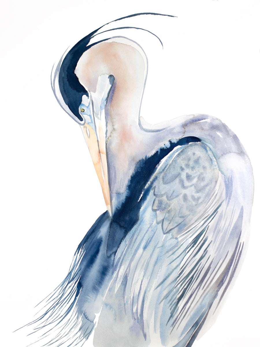 18” x 24” original watercolor Great Blue Heron bird painting in an ethereal, expressive, impressionist, minimalist, modern style by contemporary fine artist Elizabeth Becker