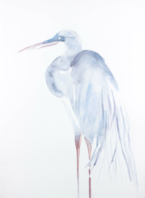 11” x 15” original watercolor wildlife heron, egret or crane painting in an expressive, impressionist, minimalist, modern style by contemporary fine artist Elizabeth Becker