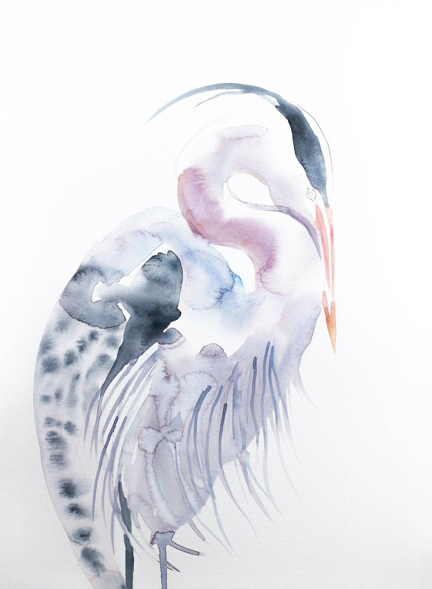11” x 15” original watercolor wildlife heron, egret or crane painting in an expressive, impressionist, minimalist, modern style by contemporary fine artist Elizabeth Becker