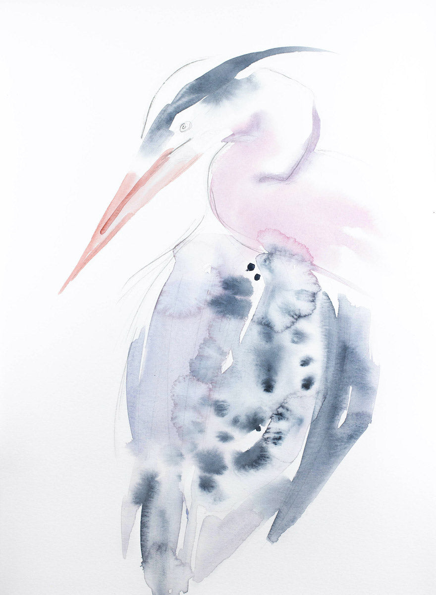 11” x 15” original watercolor wildlife heron, egret or crane painting in an expressive, impressionist, minimalist, modern style by contemporary fine artist Elizabeth Becker. Soft pastel pink, peach, gray and white colors.