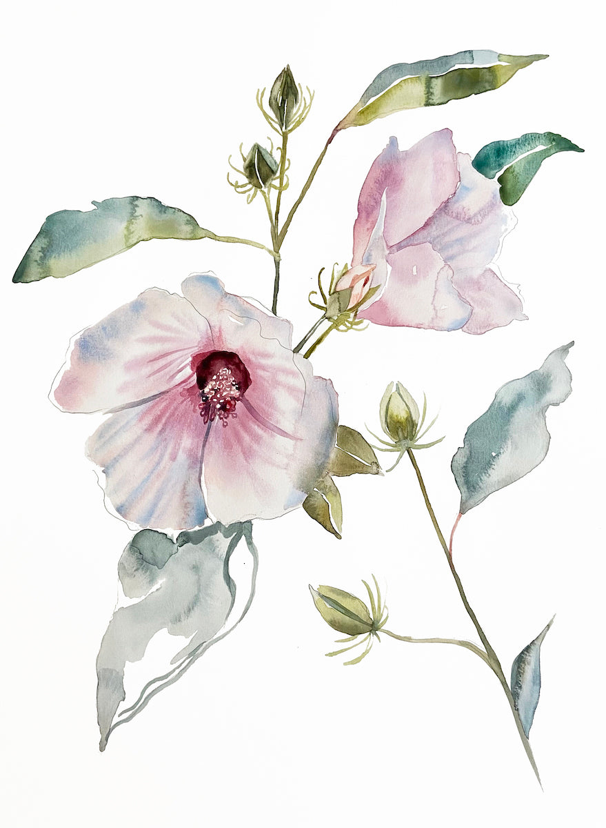 18” x 24” original watercolor botanical hibiscus floral painting in an expressive, impressionist, minimalist, modern style by contemporary fine artist Elizabeth Becker. Soft pastel pink, olive green and white colors.