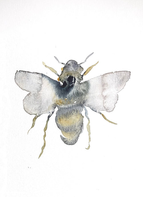 5” x 7” original watercolor honey bee painting in an ethereal, expressive, impressionist, minimalist, modern style by contemporary fine artist Elizabeth Becker
