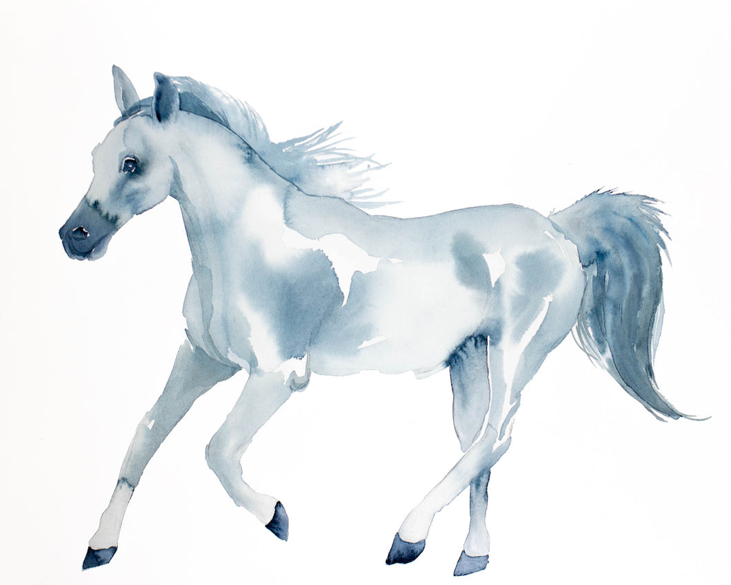 16” x 20” original watercolor running horse painting in an expressive, impressionist, minimalist, modern style by contemporary fine artist Elizabeth Becker. Soft ethereal muted blue and white colors.