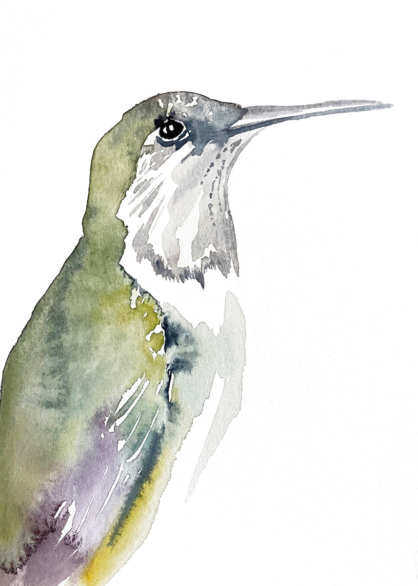 5” x 7” original watercolor wildlife nature hummingbird painting in an ethereal, expressive, impressionist, minimalist, modern style by contemporary fine artist Elizabeth Becker. Soft pastel olive green, purple, gray and white colors.
