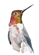 Load image into Gallery viewer, 5” x 7” original watercolor ruby-throated hummingbird painting in an ethereal, expressive, impressionist, minimalist, modern style by contemporary fine artist Elizabeth Becker
