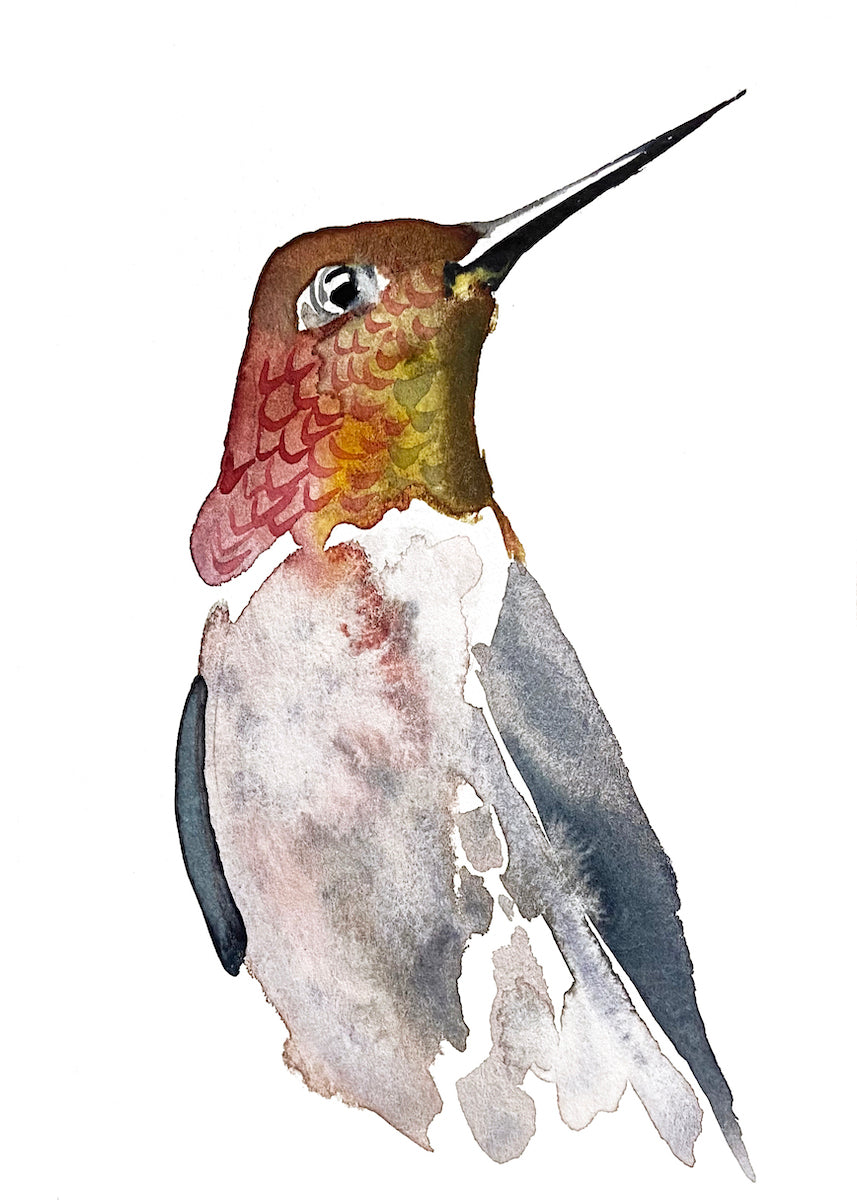 5” x 7” original watercolor ruby-throated hummingbird painting in an ethereal, expressive, impressionist, minimalist, modern style by contemporary fine artist Elizabeth Becker