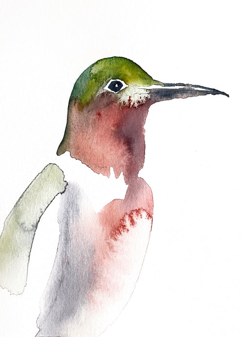 5” x 7” original watercolor ruby-throated hummingbird painting in an ethereal, expressive, impressionist, minimalist, modern style by contemporary fine artist Elizabeth Becker