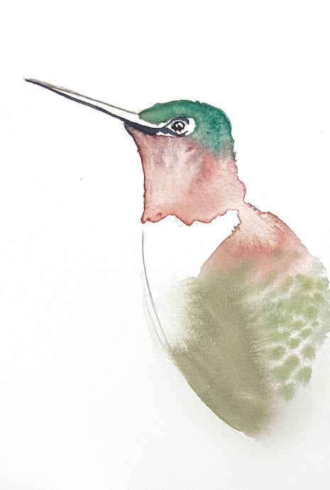 5” x 7” original watercolor ruby-throated hummingbird painting in an ethereal, expressive, impressionist, minimalist, modern style by contemporary fine artist Elizabeth Becker. Soft pastel olive green, red and white colors. 