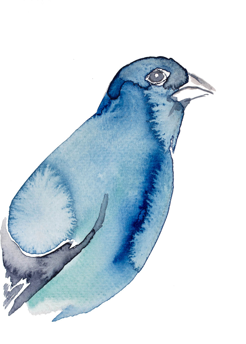 5” x 7” original watercolor wildlife nature indigo bunting bird painting in an ethereal, expressive, impressionist, minimalist, modern style by contemporary fine artist Elizabeth Becker