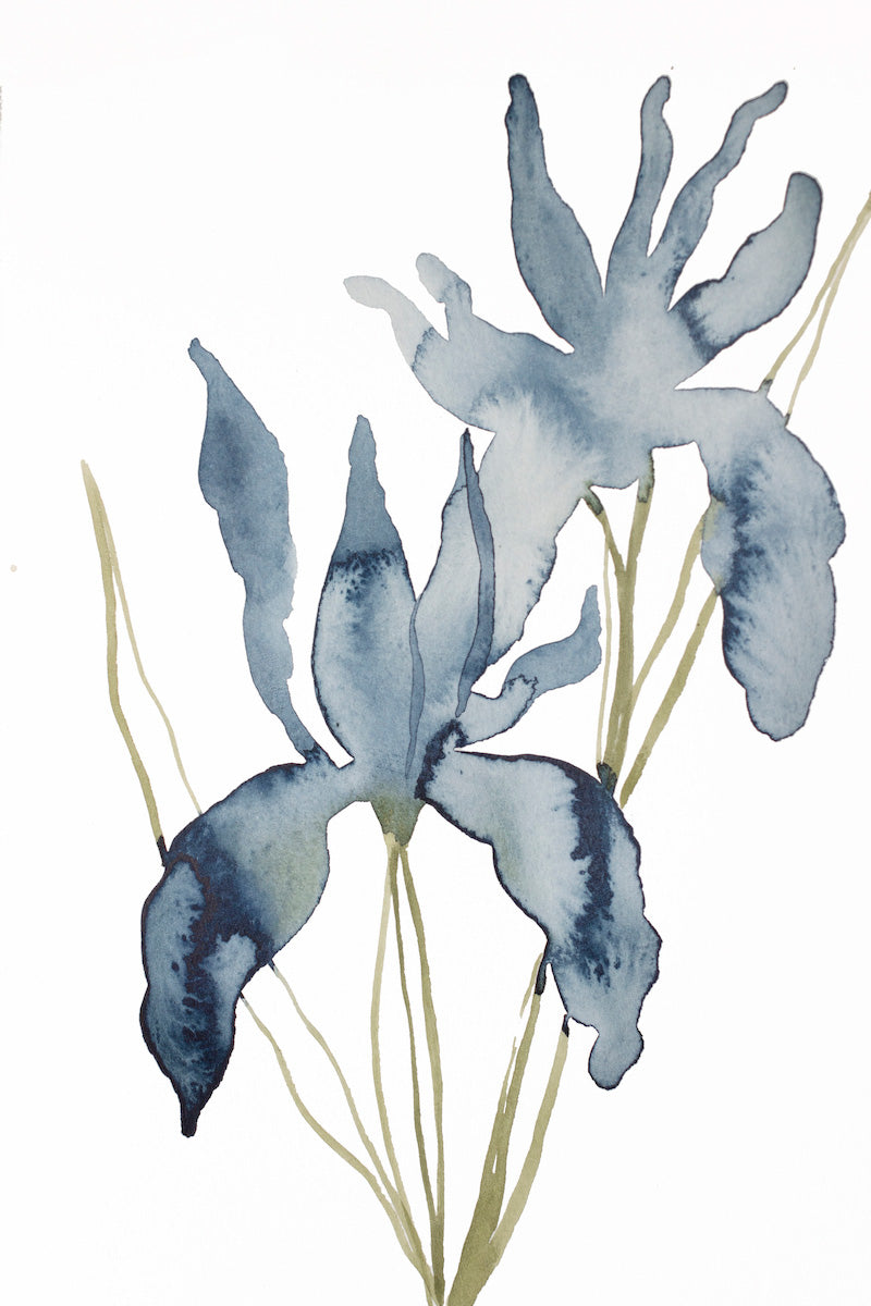 6” x 9” original watercolor botanical blue iris floral painting in an expressive, impressionist, minimalist, modern style by contemporary fine artist Elizabeth Becker 