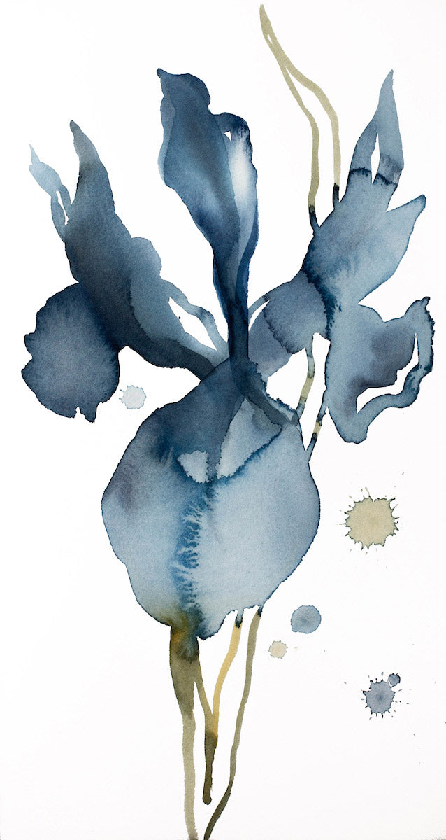 8.5” x 16” original watercolor botanical iris flower painting in an expressive, impressionist, minimalist, modern style by contemporary fine artist Elizabeth Becker