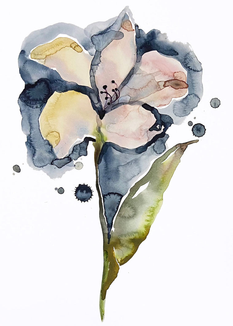 11” x 15” original watercolor lily flower painting in an expressive, impressionist, minimalist, modern style by contemporary fine artist Elizabeth Becker. 