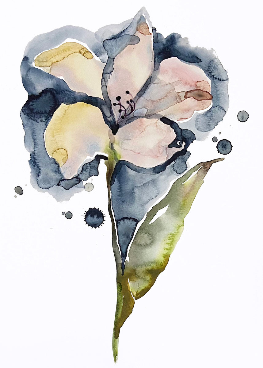 11” x 15” original watercolor lily flower painting in an expressive, impressionist, minimalist, modern style by contemporary fine artist Elizabeth Becker. 
