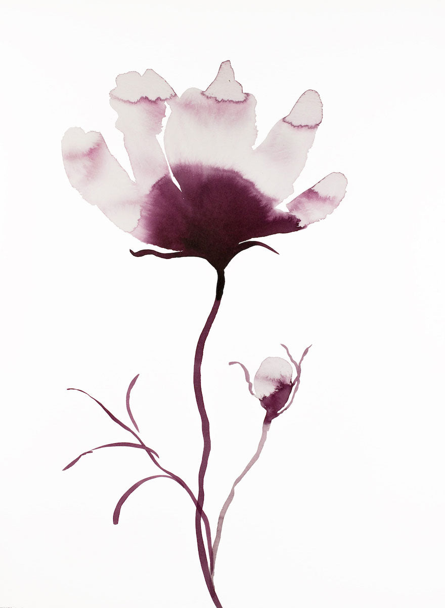 11” x 15” original watercolor ink botanical magnolia floral painting in an expressive, impressionist, minimalist, modern style by contemporary fine artist Elizabeth Becker. Deep moody soft mauve purple and white colors.