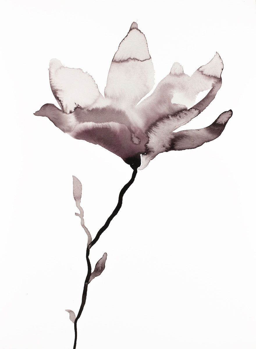 11” x 15” original watercolor ink botanical magnolia floral painting in an expressive, impressionist, minimalist, modern style by contemporary fine artist Elizabeth Becker. Soft mauve purple, gray, black and white colors.