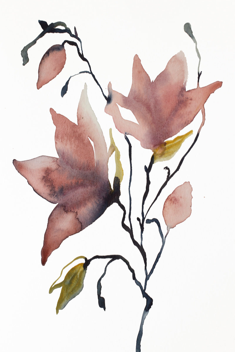 6” x 9” original watercolor botanical magnolia floral painting in an expressive, impressionist, minimalist, modern style by contemporary fine artist Elizabeth Becker 