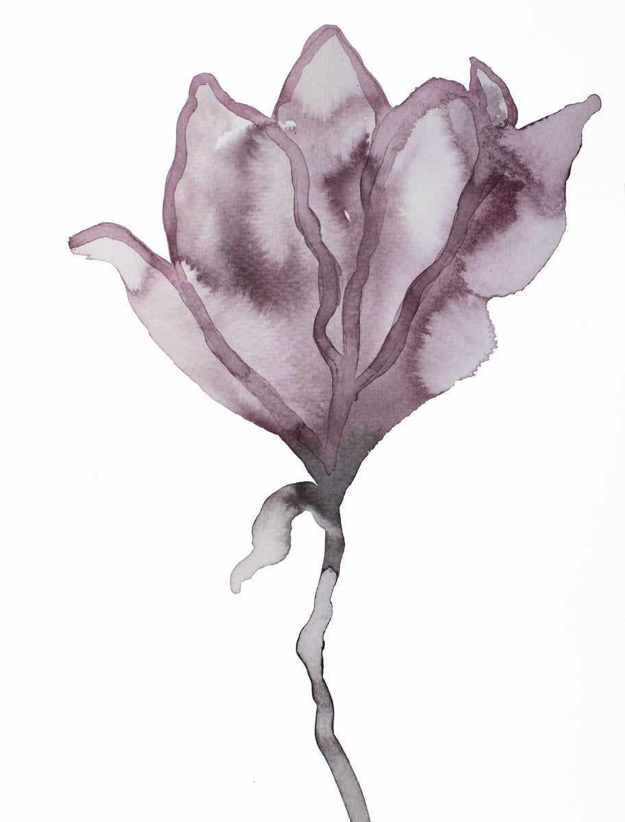 9” x 12” original botanical floral ink painting in an expressive, impressionist, minimalist, modern style by contemporary fine artist Elizabeth Becker. Monochromatic muted purple and white.
