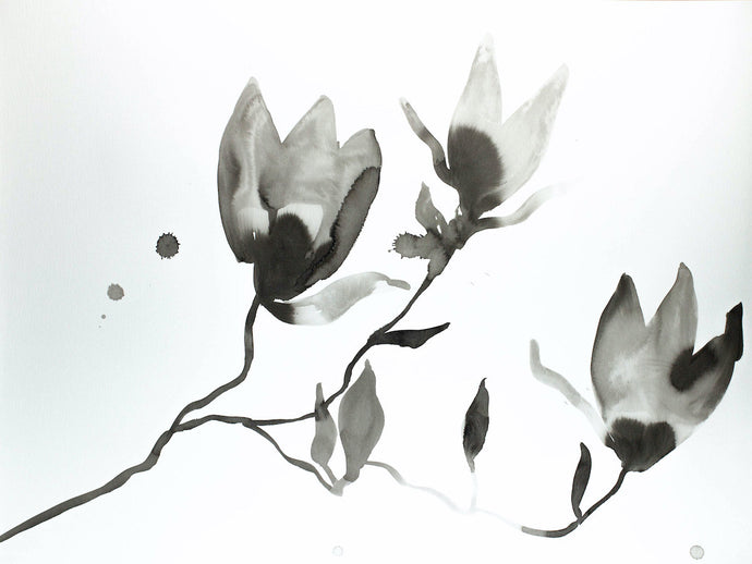 18” x 24” black and white botanical magnolia flower original ink painting in an expressive, impressionist, minimalist, modern style by contemporary fine artist Elizabeth Becker