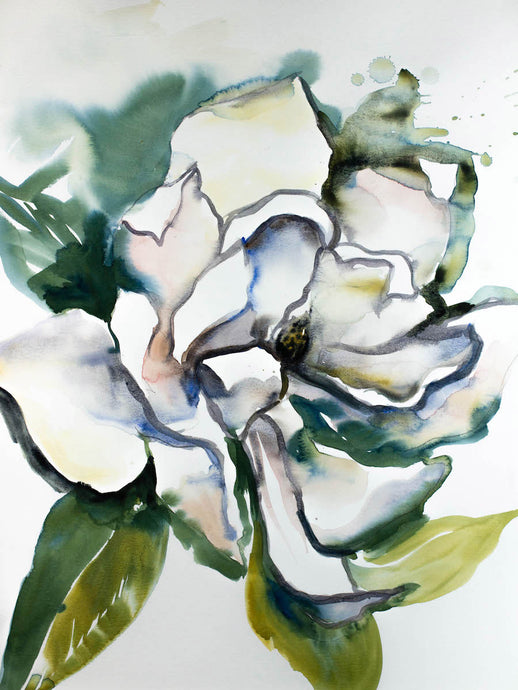 18” x 24” original watercolor botanical magnolia floral painting in an expressive, impressionist, minimalist, modern style by contemporary fine artist Elizabeth Becker 