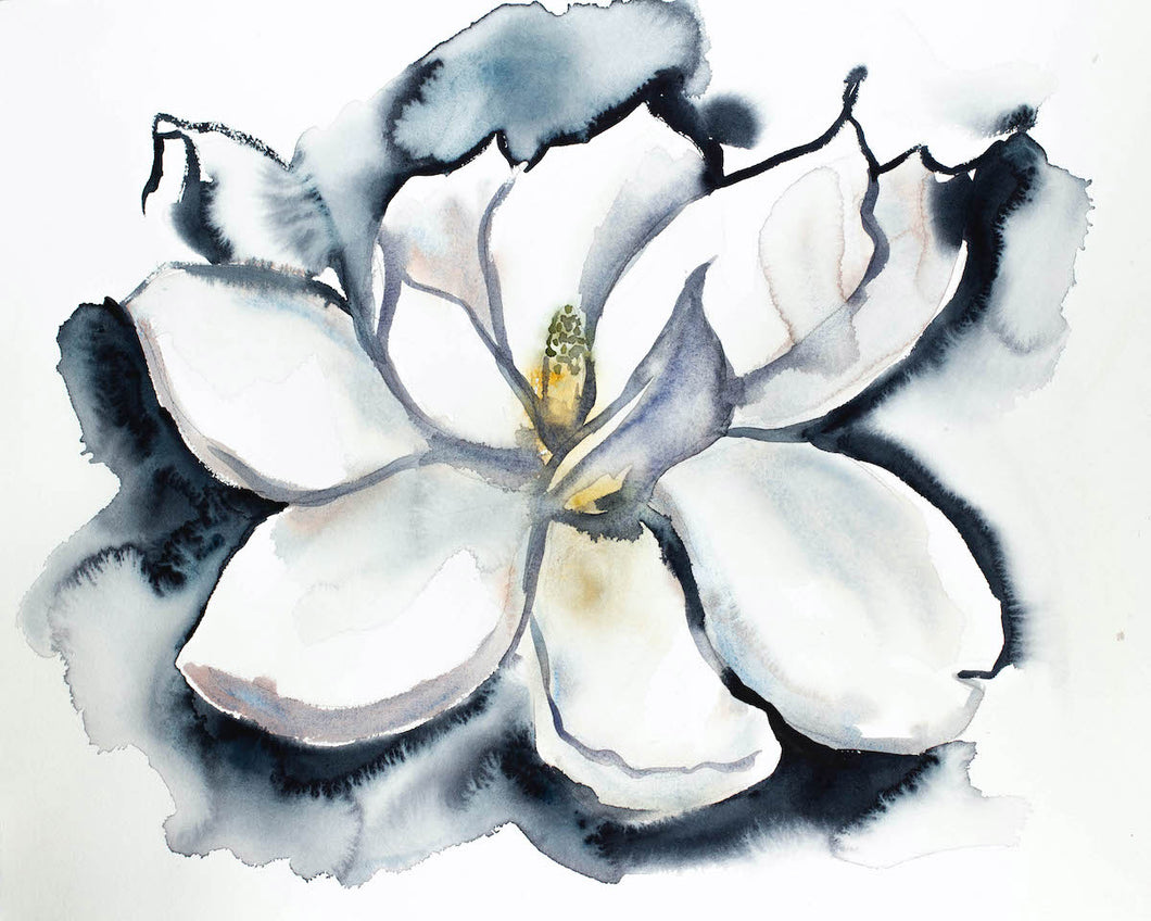18” x 24” original watercolor botanical magnolia floral painting in an expressive, impressionist, minimalist, modern style by contemporary fine artist Elizabeth Becker. Black, white, gold, yellow colors.