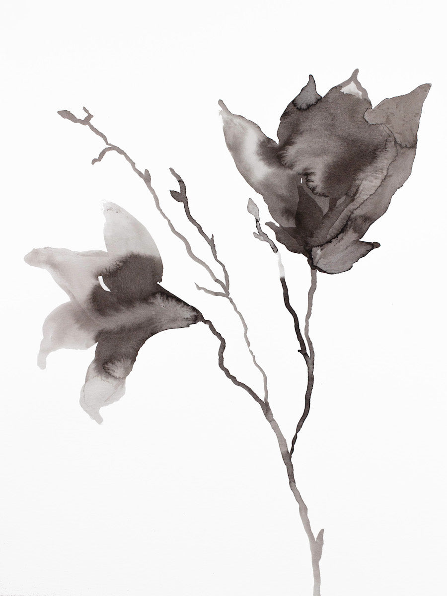 9” x 12” original botanical floral ink painting in an expressive, impressionist, minimalist, modern style by contemporary fine artist Elizabeth Becker. 