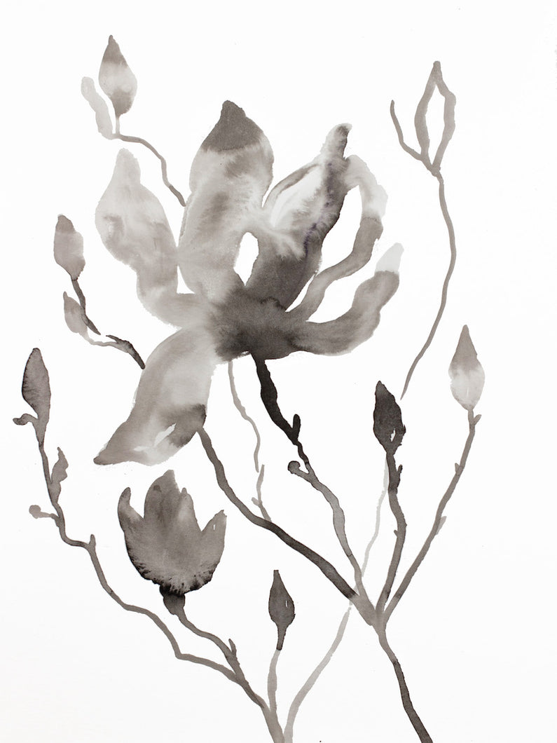 9” x 12” original botanical floral ink painting in an expressive, impressionist, minimalist, modern style by contemporary fine artist Elizabeth Becker. 