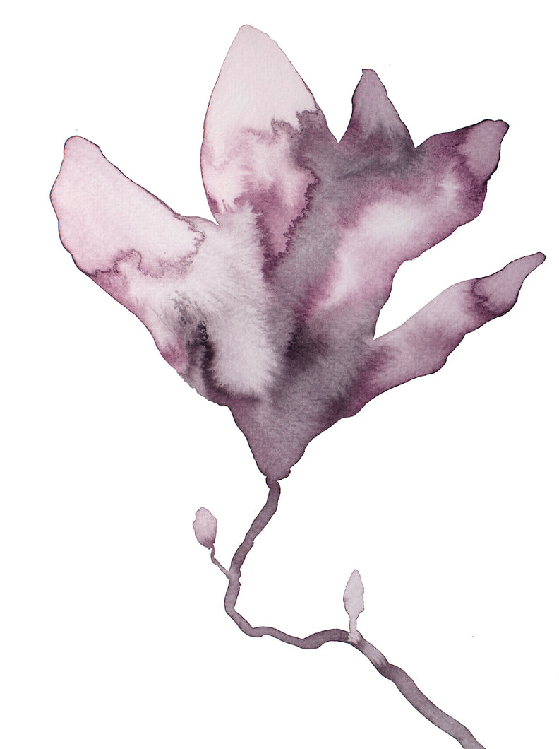 9” x 12” original botanical floral ink painting in an expressive, impressionist, minimalist, modern style by contemporary fine artist Elizabeth Becker. Soft watery mauve, eggplant, plum purple and white colors. 