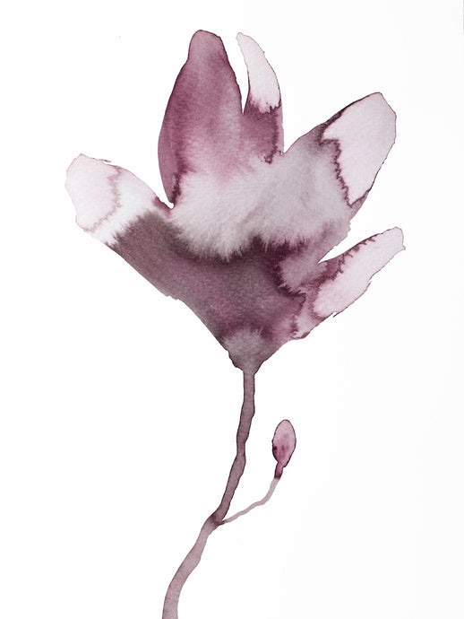 9” x 12” original botanical floral ink painting in an expressive, impressionist, minimalist, modern style by contemporary fine artist Elizabeth Becker. Monochromatic muted eggplant purple, mauve and white.