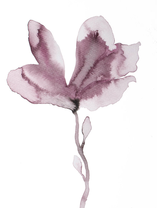 9” x 12” original botanical floral ink painting in an expressive, impressionist, minimalist, modern style by contemporary fine artist Elizabeth Becker. Monochromatic muted eggplant purple, mauve and white.