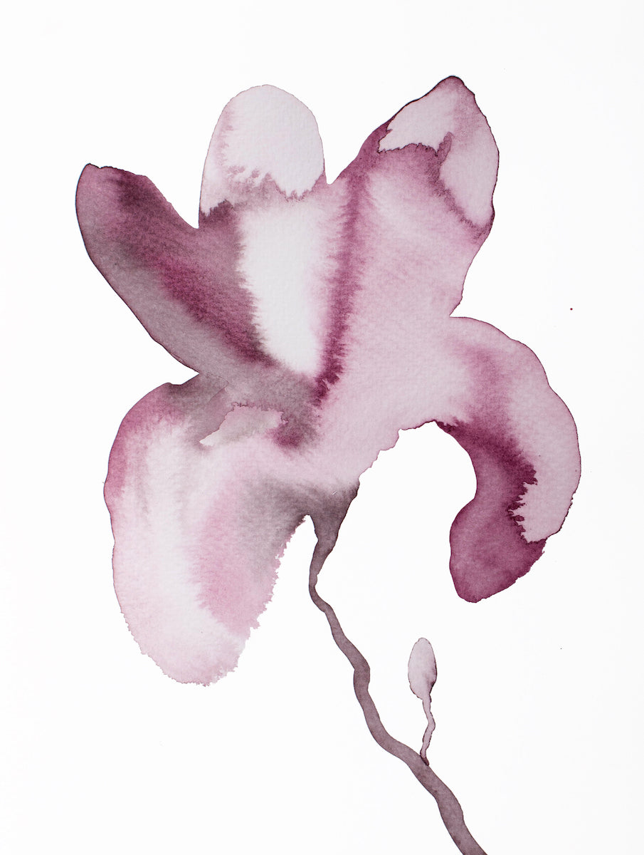 9” x 12” original botanical floral ink painting in an expressive, impressionist, minimalist, modern style by contemporary fine artist Elizabeth Becker. Monochromatic muted eggplant purple, mauve and white.