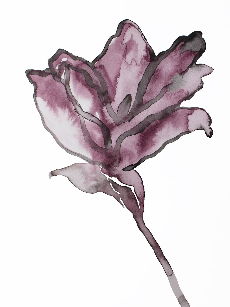 9” x 12” original botanical floral ink painting in an expressive, impressionist, minimalist, modern style by contemporary fine artist Elizabeth Becker. Monochromatic muted eggplant purple, mauve and white.