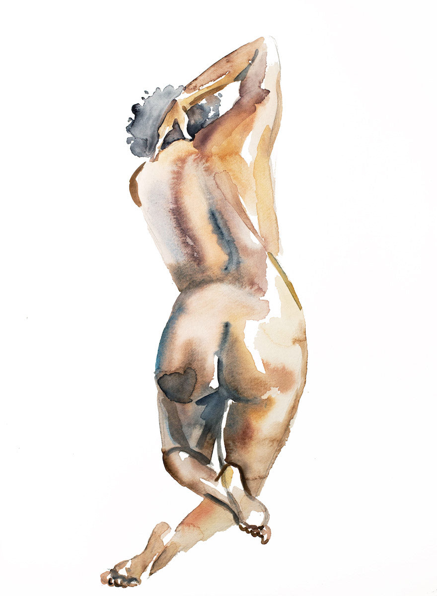 Black Lives Matter 11” x 15” original watercolor nude figure gesture painting of kneeling African American woman in an expressive, impressionist, minimalist, modern style by contemporary fine artist Elizabeth Becker