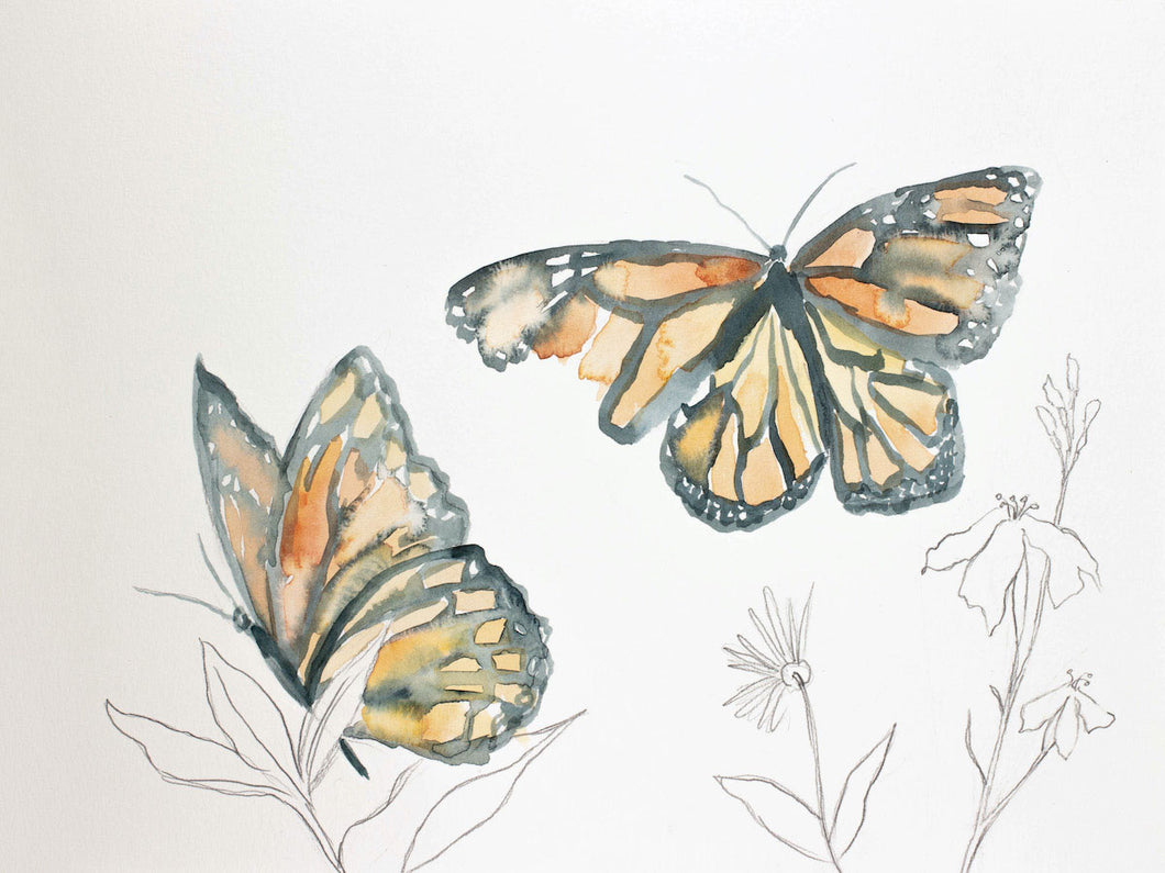 9” x 12” original watercolor butterfly painting in an expressive, impressionist, minimalist, modern style by contemporary fine artist Elizabeth Becker. 