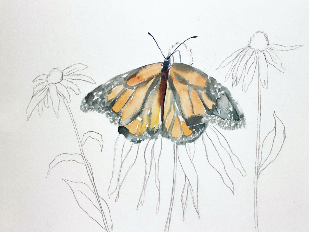 9” x 12” original watercolor butterfly painting in an expressive, impressionist, minimalist, modern style by contemporary fine artist Elizabeth Becker. 