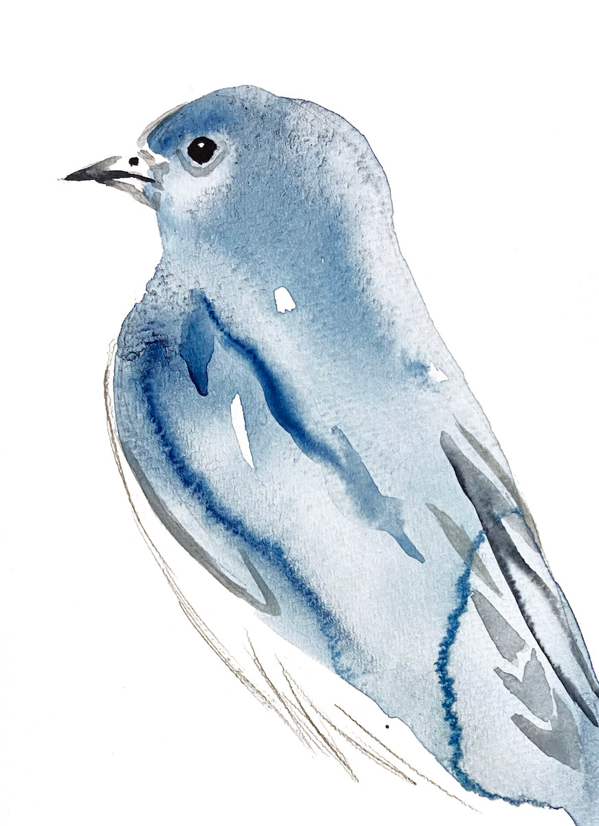 5” x 7” original watercolor wildlife nature bluebird painting in an ethereal, expressive, impressionist, minimalist, modern style by contemporary fine artist Elizabeth Becker