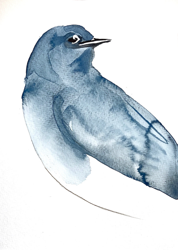 5” x 7” original watercolor wildlife nature bluebird painting in an ethereal, expressive, impressionist, minimalist, modern style by contemporary fine artist Elizabeth Becker