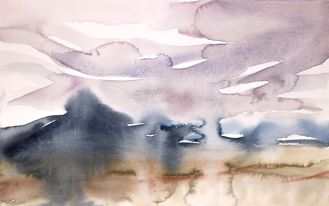 10” x 16” original watercolor abstract landscape painting in an ethereal, expressive, impressionist, minimalist, modern style by contemporary fine artist Elizabeth Becker