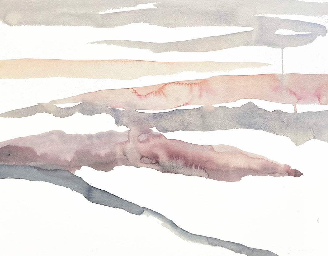 16” x 20” original watercolor abstract landscape painting in an expressive, impressionist, minimalist, modern style by contemporary fine artist Elizabeth Becker