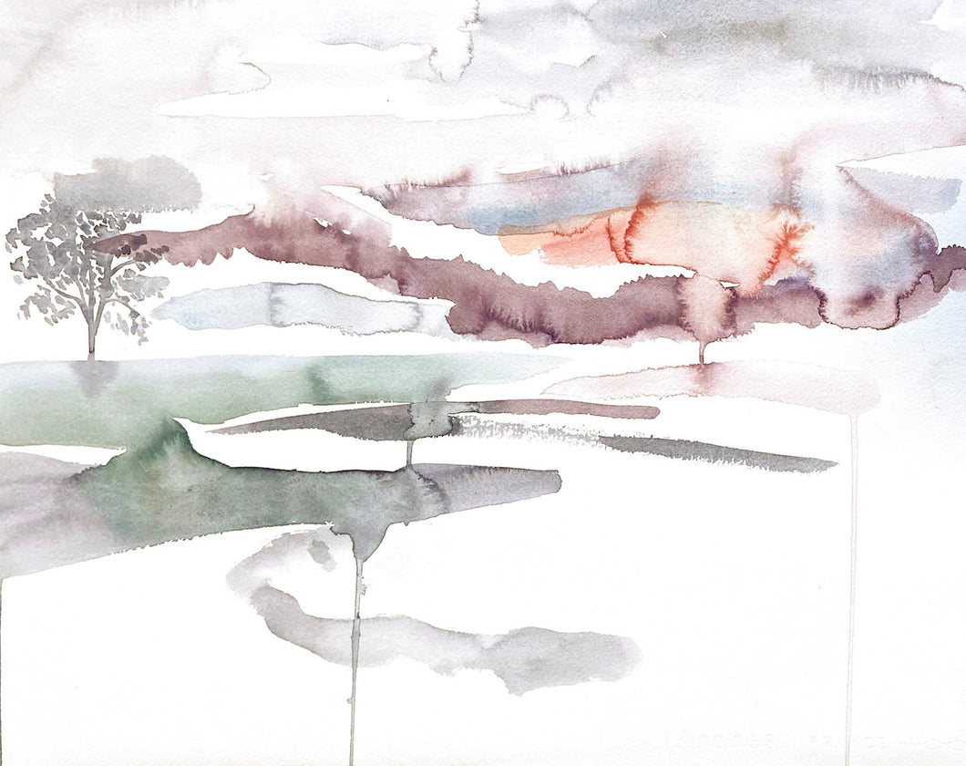 16” x 20” original watercolor abstract landscape painting in an expressive, impressionist, minimalist, modern style by contemporary fine artist Elizabeth Becker