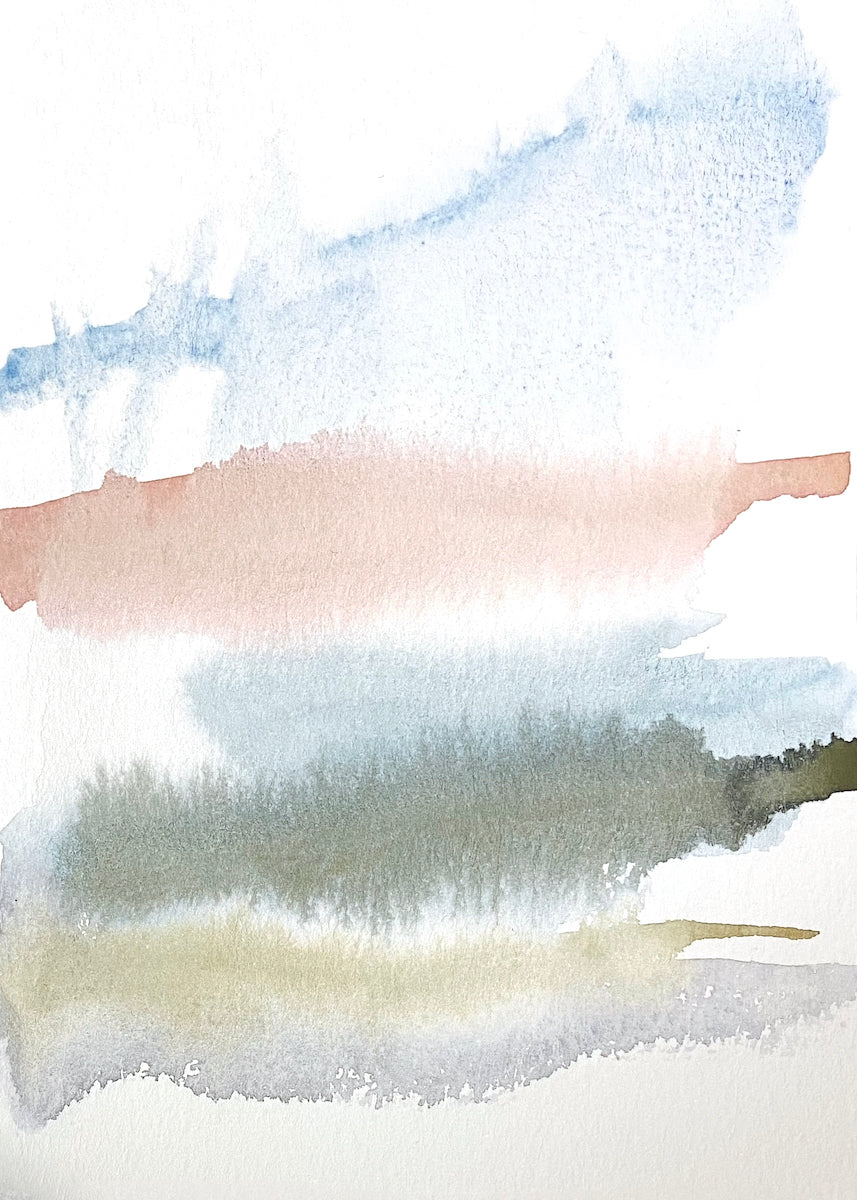 5” x 7” original watercolor abstract landscape painting in an ethereal, expressive, impressionist, minimalist, modern style by contemporary fine artist Elizabeth Becker