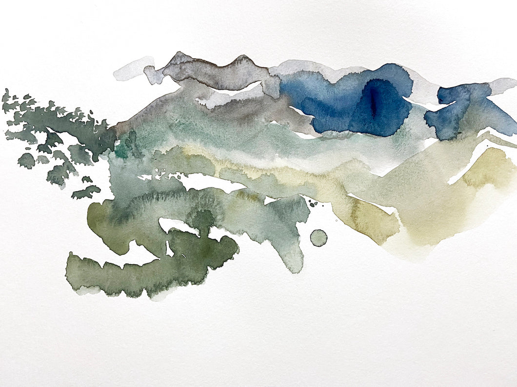 9” x 12” original watercolor abstract landscape painting in an ethereal, expressive, impressionist, minimalist, modern style by contemporary fine artist Elizabeth Becker