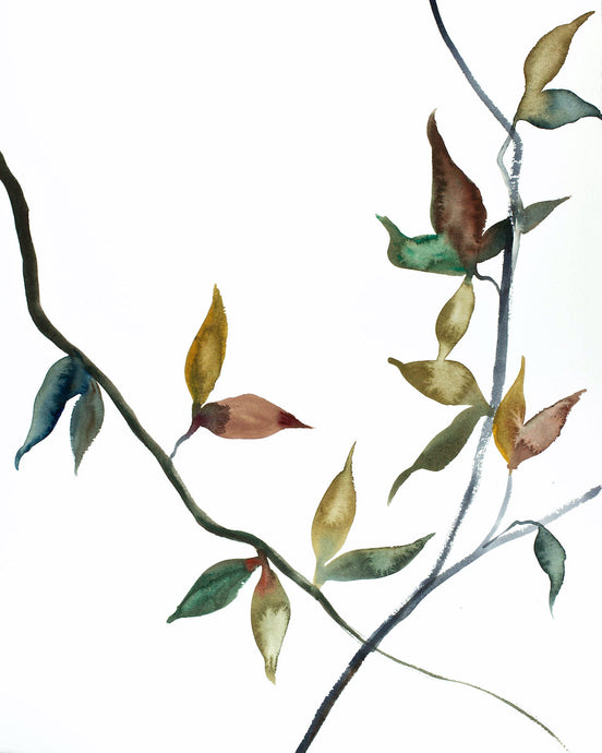 16” x 20” original watercolor botanical nature painting of leaves and branches with monochromatic green and gold colors in an expressive, impressionist, minimalist, modern style by contemporary fine artist Elizabeth Becker
