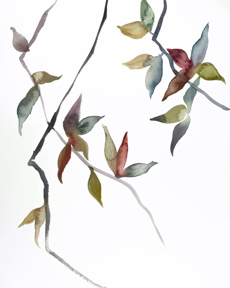 16” x 20” original watercolor botanical nature painting of leaves and branches with monochromatic soft blue green, deep red and gold colors in an expressive, impressionist, minimalist, modern style by contemporary fine artist Elizabeth Becker