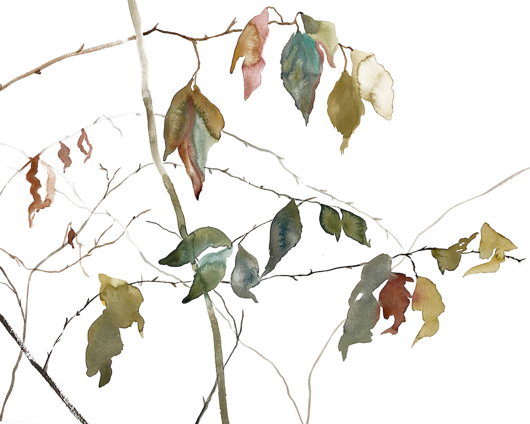 16” x 20” original watercolor botanical nature painting of leaves and branches with monochromatic moody muted colors in an expressive, impressionist, minimalist, modern style by contemporary fine artist Elizabeth Becker