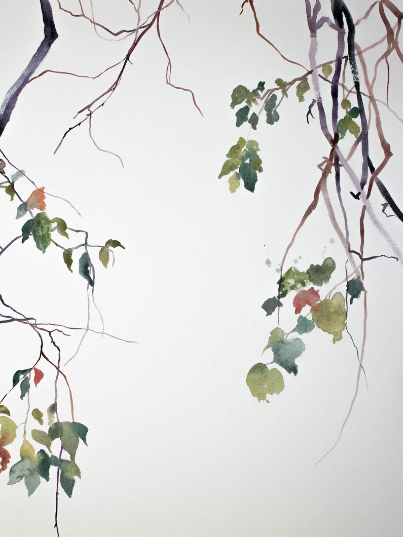 18” x 24” original watercolor botanical nature painting of autumn tree branches and leaves in an expressive, impressionist, minimalist, modern style by contemporary fine artist Elizabeth Becker