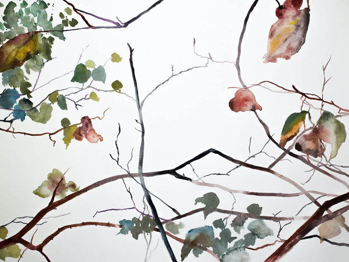 18” x 24” original watercolor botanical nature painting of autumn tree branches and leaves in an abstract, xpressive, impressionist, minimalist, modern style by contemporary fine artist Elizabeth Becker