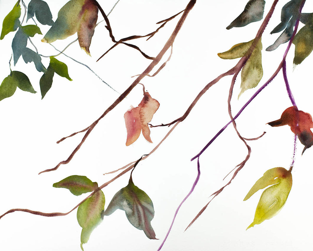 16” x 20” original watercolor botanical nature painting of autumn leaves and branches in an expressive, impressionist, minimalist, modern style by contemporary fine artist Elizabeth Becker