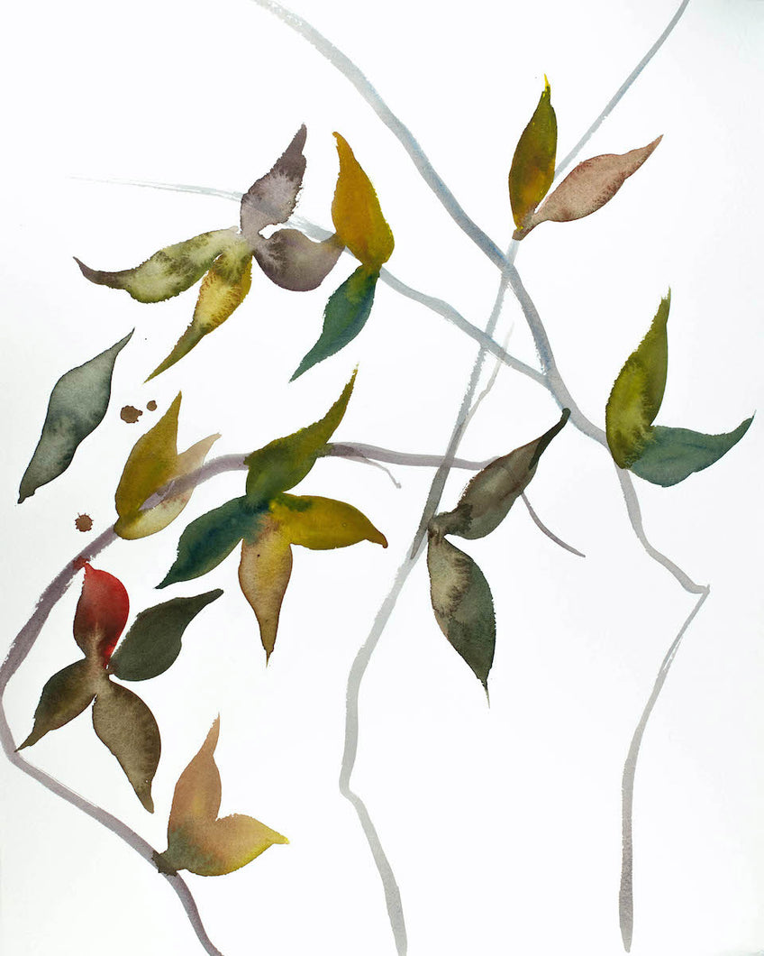 16” x 20” original watercolor botanical nature painting of leaves and branches with monochromatic green and gold colors in an expressive, impressionist, minimalist, modern style by contemporary fine artist Elizabeth Becker
