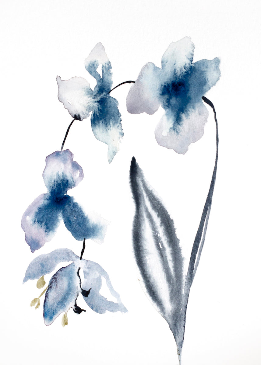 5” x 7” original watercolor botanical floral orchid painting in an expressive, impressionist, minimalist, modern style by contemporary fine artist Elizabeth Becker